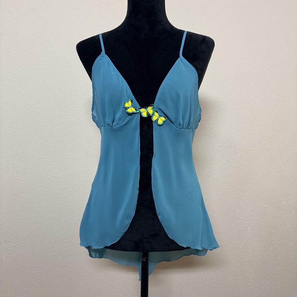 Vertigineux Chemise Womens Medium Blue Sheer Butterfly Embroidered Slip Lingerie